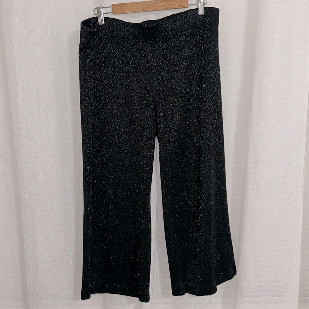 LOFT XL Black Silver Shimmery Metallic Ponte Knit Wide Leg Pull on Crop Pants